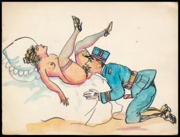 Jelzés nélkül, feltehetően XX. sz. első felében működött alkotó: Pornográf rajz. Akvarell, tus papír. Lap bal szélén apró felületi sérülésekkel 12,5x16,5 cm