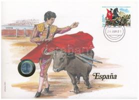 Spanyolország 1998. 1P felbélyegzett borítékban, bélyegzéssel, német nyelvű leírással T:1 Spain 1998. 1 Peseta in envelope with stamp and cancellation, with German description C:UNC