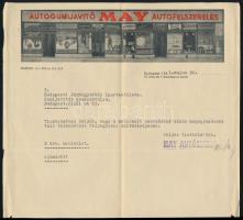 1941 May Autogumijavító Autofelszerelés gépelt, fejléces levele a Budapesti Járműjavítók Ipartestülete, Gumijavítók Szakosztálya részére, hajtott,