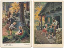 6 db RÉGI művészlap: Grimm testvérek mese képeslapok / 6 pre-1945 art postcards: Grimm's Fairy ...