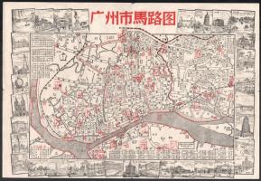 cca 1950 Guangzhou/Kanton kínai város térképe, kétoldalas, a város nevezetességeinek illusztrációval...