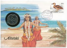Cook-szigetek / Aitutaki 1992. 1$ Cu-Ni felbélyegzett borítékban, bélyegzéssel, német nyelvű tájékoztatóval T:1 patina Cook Islands / Aitutaki 1992. 1 Dollar Cu-Ni in envelope with stamp, cancellation and a prospectus in german C:UNC patina