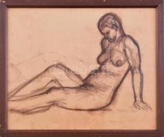 Széky Piroska (1922-?): Ülő női akt. Kréta, ceruza, papír. Üvegezett fakeretben. Jelezve jobbra lent az üvegen. Hátoldalán feliratozott. 28,5x36 cm
