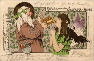 1899 (Vorläufer) Salvator sör próba / Gruss von der Salvator-Probe / beer tasting. Jos. Seiling, J. Vogelsang Art Nouveau litho s: L. Bechstein