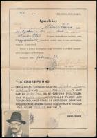 1945 Igazolvány vegyészmérnök részére, hogy közérdekű munkát végez és szabadon mozoghat, orosz és magyar nyelven, fényképpel.