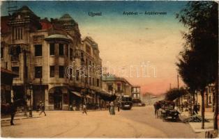 1906 Budapest IV. Újpest, Árpád és István út sarok, villamos, faszállító lovasszekér (EK)