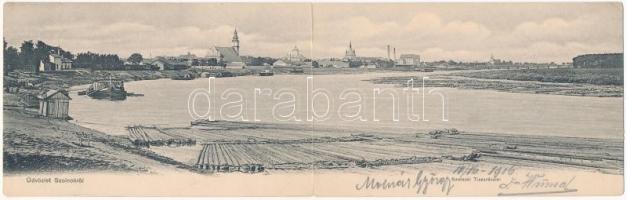 1906 Szolnok, Tisza part, faúsztatás, templomok, zsinagóga. Két részes kinyitható panorámalap