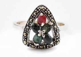 Ezüst (Ag) gyökér rubin, smaragd, zafír gyűrű, m: 52 , jelzett, bruttó:4,63g