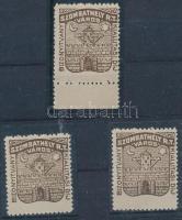 1946 Szombathely Városi illetékbélyeg 3 db barna színű Bizonyítvány kiállítási díj bélyeg értékszám nélkül