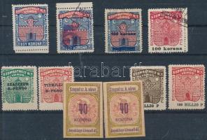1946 Szombathely Városi illetékbélyeg 8 db különböző és Szeged 2 db Anyakönyv kivonati díj bélyeg