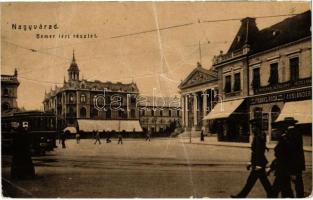 1907 Nagyvárad, Oradea; Bémer tér, villamos, Magyar Általános Hitelbank, Frankl Róza és Ausländer üzlete. W.L. 959. / square, tram, credit bank, shops (fa)