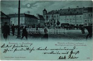 1904 Pozsony, Pressburg, Bratislava; Vásártér a floriani oszloppal, Neurath S. és fia vaskereskedés, este / market square at night, shop (EK)