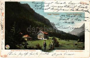 1905 Tátra, Vysoké Tatry; Zerge szálló a Nagy Tarpataki völgyben, Ó Rainer kunyhó. Feitzinger Ede 330. 1902/12. / Hotel Gemse im Kolbachtal mit d. alten Rainerhütte / Rainerova chata / rest house and hotel