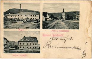 1902 Pelsőc, Pelsőcz, Pelsücz, Plesivec (Gömör); faipar gyár, Korona vendéglő, Főtér és városháza / wood industry factory, restaurant, main square, town hall (ázott / wet damage)