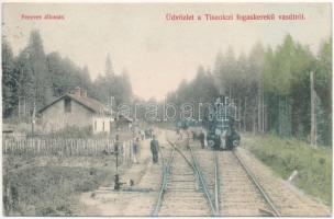 1909 Tiszolc, Tisovec; Fogaskerekű vasút részlete, gőzmozdony, vasútállomás. Morvay Sámuel kiadása / standard gauge cogwheel railway, locomotive, station (kis gyűrődés / small crease)