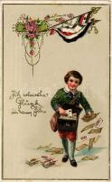 1916 Ich wünsche Glück im neuen Jahr / New Year greeting art postcard with German flag. EAS. litho (Rb)