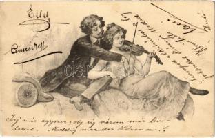 1902 Lady art postcard, romantic couple with violin. S.B. Vienna (kis szakadás / small tear)