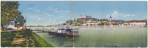 1916 Pozsony, Pressburg, Bratislava; Dunapart, vár, hajó. Két részes kinyitható panorámalap / Danube riverside, castle, ship. 2-tiled folding panoramacard