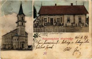 1901 Medgyesegyháza, Megyesegyháza (tévesen Aradmegye felirat); Evangélikus templom, Zuckermann Izidór üzlete + MEZŐHEGYES-KÉTEGYHÁZA 124. SZ. vasúti mozgó posta (fa)
