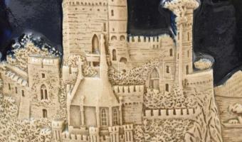 Werara fajansz bólés edény német várakat ábrázoló dekorral. Kézzel festett, jelzett, hibátlan, fedél...