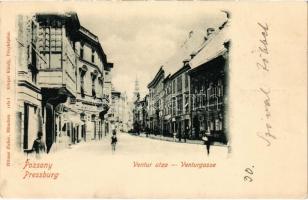 1902 Pozsony, Pressburg, Bratislava; Ventur utca, Willimszky Gyula üzlete. Körper Károly fényképész, Ottmar Zieher / Holz-Kohlen / street, shops