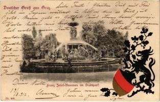 1912 Graz, Deutscher Gruss, Franz Josef-Brunnen im Stadtpark / fountain. Art Nouveau, coat of arms