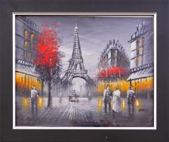 Olvashatatlan jelzéssel: Párizsi részlet az Eiffel-toronnyal. Olaj, karton. 22,5x28 cm. Üvegezett fakeretben.