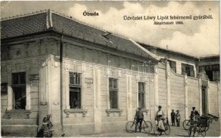 Budapest III. Óbuda, Üdvözlet a Löwy Lipót fehérnemű gyárából, alapíttatott 1889. Szentendrei utca és Kert utca sarok, kerékpárosok. Kohn és Grünhut (EB)