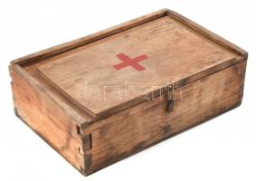 Retró fa elsősegély doboz, mentődoboz, 1950-es évek, benne tartozékai (Elsősegélynyújtás útmutató kö...