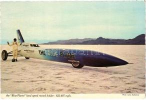1970 Utah, Bonneville sóstó kiszáradt medrében, Blue Flame (a.m. ,,Kék Láng) amerikai tervezésű és építésű, rakétameghajtású autó, amely 1970-től 13 éven át tartotta az autók szárazföldi sebességi rekordját 1 mérföld távolságon és még további 14 éven át 1 km-en is / Blue Flame is a rocket-powered land speed racing vehicle that was driven by Gary Gabelich and achieved a world land speed record on Bonneville Salt Flats (EK)