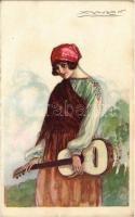 1922 Olasz művészlap, hölgy gitárral / Italian art, lady with guitar. Anna & Gasparini 523-2. s: Mauzan