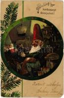1903 Boldog karácsonyi ünnepeket! / Christmas greeting art postcard with dwarf. Art Nouveau, Emb. litho (EM)