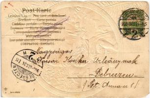 1903 Boldog karácsonyi ünnepeket! / Christmas greeting art postcard with dwarf. Art Nouveau, Emb. li...