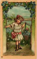 Herzlichen Glückwunsch zum Namenstage / Name Day greeting art postcard with girl. EAS Art Nouveau, floral, Emb. litho (lyuk / pinhole)