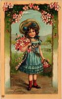 Herzlichen Glückwunsch zum Namenstage / Name Day greeting art postcard with girl. EAS Art Nouveau, floral, Emb. litho