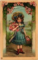 Herzlichen Glückwunsch zum Namenstage / Name Day greeting art postcard with girl. EAS Art Nouveau, floral, Emb. litho