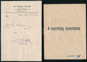 Cca 1920-1940 Orosházai orvosi recept, oltási bizonyítvány, ismertető a veszettségről, és Zalay Lajos gyógyszertára a "Megváltóhoz" zacskó !tartalommal!