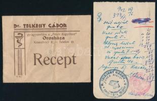 1942 Orosházai orvosi recept és tasakja Dr. Telkessy Gábor gyógyszertára a Fehér Kígyóhoz fekirattal