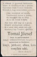 Levelező lap Budapest Földművelési Ministerium, hátoldalán Tomai József könyv és papírkereskedő rekl...