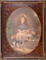 Dekoratív üvegezett régi fa képkeret, ovális paszpartuval, kislány kutyával nyomattal, hátsó élénél kissé sérült, belső méret: 41,4x31,4 cm, látható méret: 35,5x26 cm