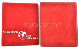 Münz Briefe aus aller Welt piros, plüssborítású, négygyűrűs album, 30db kettes osztású berakólappal, plüssborítású tokban, szép állapotban