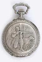 Doxa nagy méretű zsebóra, vadász motívummal. Sérült számlappal, működő, jó állapotban d: 70 mm