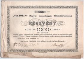 Budapest 1918. Viktoria - Magyar Szerszámgyár Részvénytársaság részvénye 1000K-ról, szelvényekkel T:III,III-