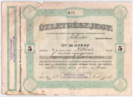 Tótkomlós 1923. Tótkomlósi hitelszövetkezet névre szóló üzletrészjegye, öt üzletrészjegy egyben, összesen 200K-ról, szelvényekkel T:III