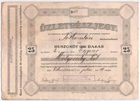 Tótkomlós 1923. Tótkomlósi hitelszövetkezet névre szóló üzletrészjegye, huszonöt üzletrészjegy egyben, összesen 200K-ról, szelvényekkel T:III