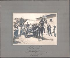 1917, Miskolc, Colonel ló, egyenruhással a gyeplőnél, fotó kartonra ragasztva, jelzés nélkül, 12x17 cm.