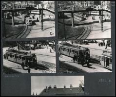 1959 4 db fotó Moszkva téri villamosfogalom, 4 db fotó Hősök terén gyerekek játszanak. Kartonra ragasztva. kb 9x12 cm / db