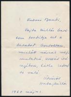 1960 Hubay Miklós (1918-2011) író autográf levele Marton Endrének a Nemzeti Színház akkori rendezőjének, melyben figyelmébe ajánlja Vajda Miklós egy műfordítását
