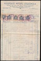 1912 Celldömölk, Kosztolitz Mátyás rövid- és szövöttáru nagykereskedésének fejléces számlája, 5x2f okmánybélyeggel, bélyegzőkkel