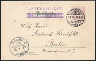 1899 Virágos litho képeslap, rajta német nyelvű, kézzel írt vers, Budapestről Berlinbe küldve